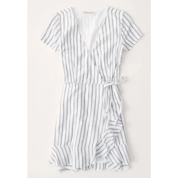 Abercrombie & Fitch White/Blue Striped Short Sleeve Wrap Dress Women’s XS Lined - Picture 1 of 7